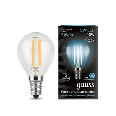 Лампа Gauss LED Filament Шар прозр. E14 5W 450lm 4100К 1/10/50 (105801205)