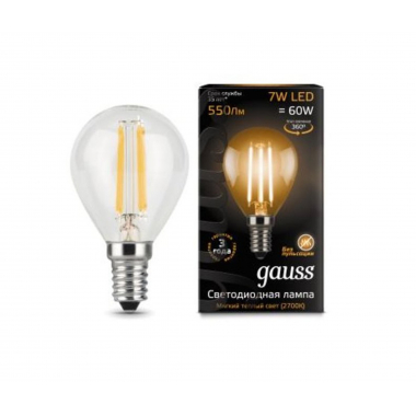 Лампа Gauss LED Filament Шар прозр. E14 7W 550lm 2700К 1/10/50 (105801107)