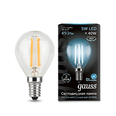 Лампа Gauss LED Filament Шар прозр. E14 5W 450lm 4100К 1/10/50 (105801205)