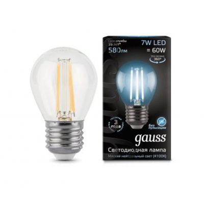 Лампа Gauss LED Filament Шар прозр. E27 7W 580lm 4100К 1/10/50 (105802207)