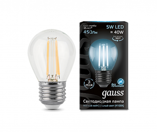 Лампа Gauss LED Filament Шар прозр. E27 5W 450lm 4100К 1/10/50 (105802205)